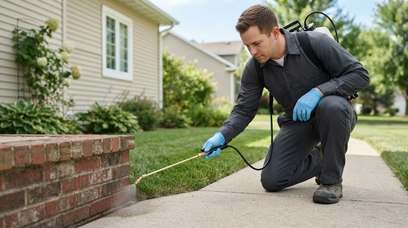 Pest control technician treating a home near Pompeii, MI