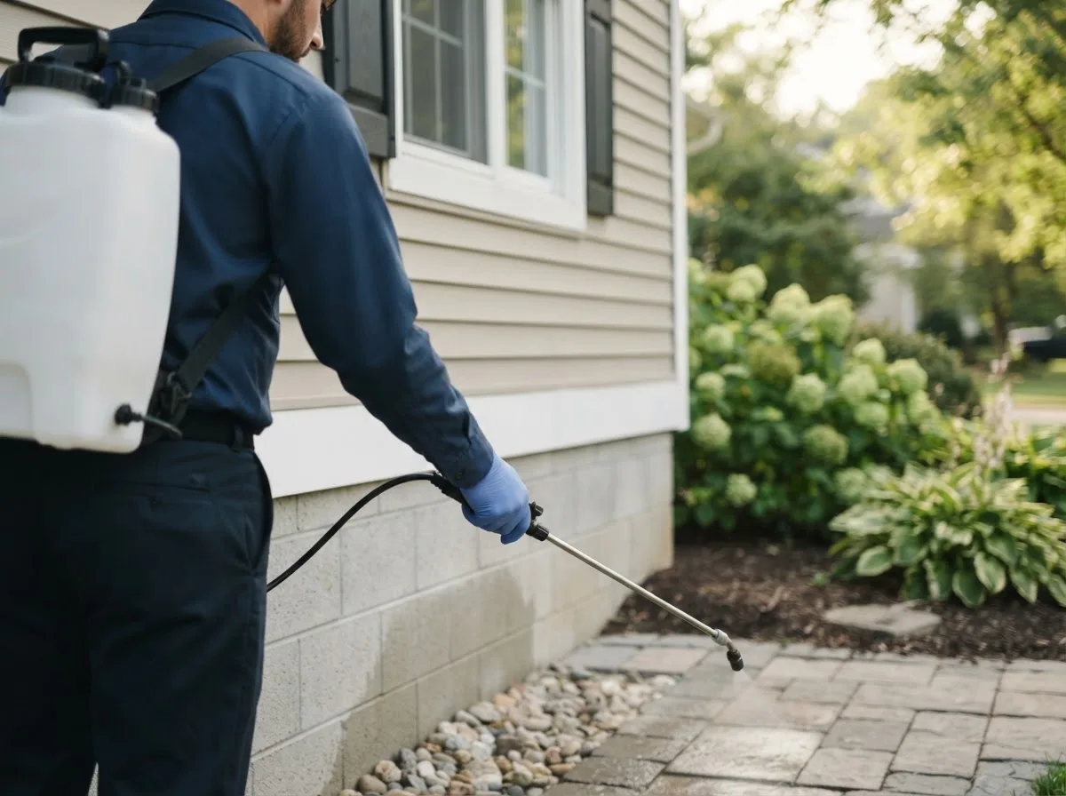 Pest control technician inspecting a home in Pompeii, MI